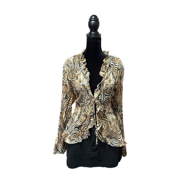 Notations Tops - Vintage‎ Y2K tie front sheer animal print ruffle trim top women's XL artsy boho